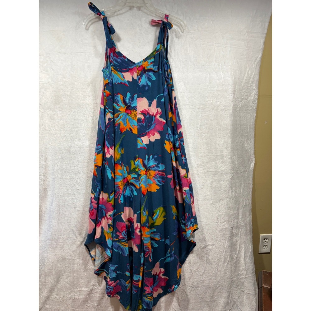 Vince Camuto Teal Floral Wide Leg Jumpsuit Tie Shoulder Pockets Womens Small